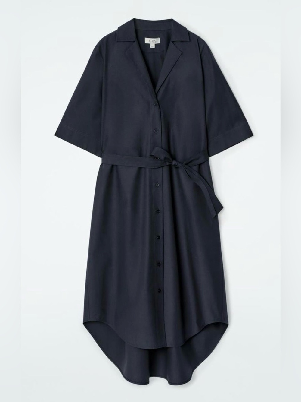 COS Navy Button-Front High-Low Shirt Dress with Waist Tie